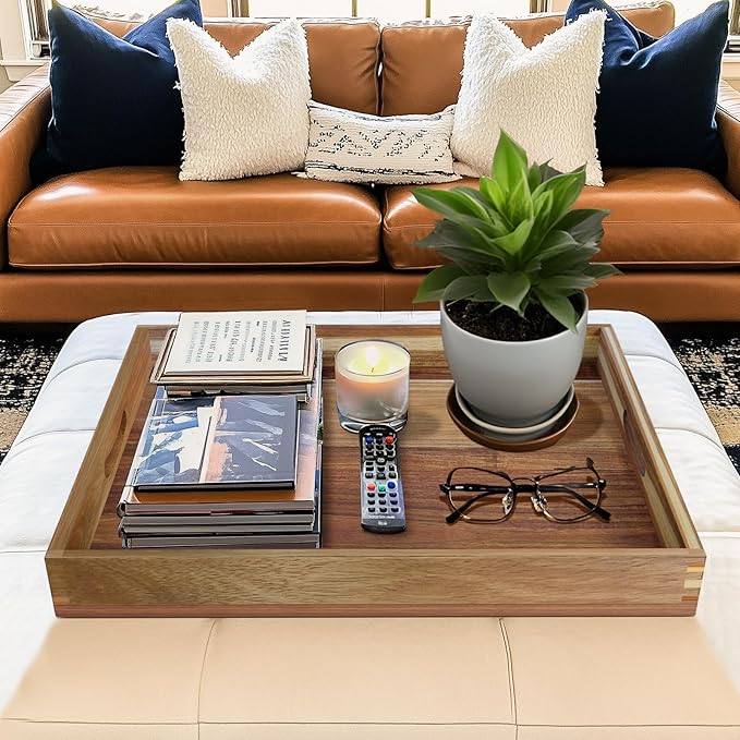 MAONAME Extra Large Ottoman Tray, 22 x 18 inches Acacia Wooden Serving Tray for with Handles,Farmhouse Wooden Decorative Trays, Coffee Table Trays for Living Room, Countertop, Charcuterie