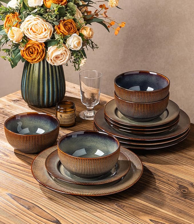 TheTerra Stoneware Dinnerware Sets for 6, 18 Pieces Ceramic Lightweight Plates and Bowls Sets, Scratch Resistant Embossed Dish Set, Oven, Microwave & Dishwasher Safe, Coca Mocha
