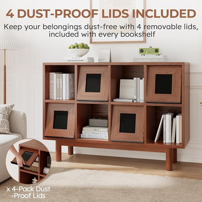 Solid Wood 8 Cube Storage Organizer, Horizontal Bookshelf with Storage, 2 Shelf Bookcase with Glass Doors TV Stand Bookshelf, Small Book Shelf for Kids Rooms, Bedroom, Living Room, Offices (47.2 Wide)