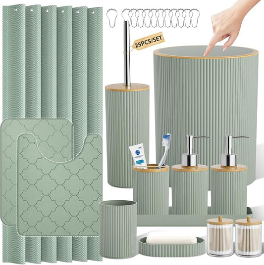Sage Green Bathroom Accessories Set, 25 Pcs Bathroom Decor Set with Shower Curtain, Rugs, Trash Can, Soap Dispenser, Toothbrush Holder, Tumbler, Soap Dish, Storage Jars and Hooks for Guest Bath