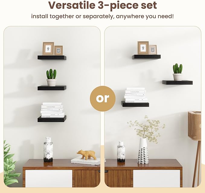 Fun Memories Floating Shelves for Wall - 7.5 Inch Square Shelves with Invisible Brackets, Black Small Wall Shelf for Living Room, Bathroom, Bedroom, and Kitchen Decor，Black Set of 3