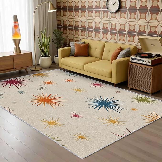 Mid Century Modern Rug 3x5 Starburst Atomic Retro 60s 70s Pattern Area Rugs for Living Room, Bedroom, Mid Century Modern Home Decor Accessories Indoor Carpet, Non Slip & Machine Washable
