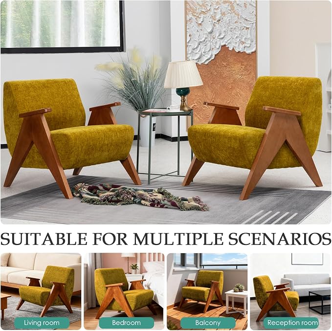 2 Pcs Home Accent Chair Mid Century Modern Accent Chair with Wood Frame, Lounge Upholstered Armchair, Reading Chair, Sturdy Base,For Living Room, Bedroom,Office,Comfy Guest Waiting Room Chairs,Yellow