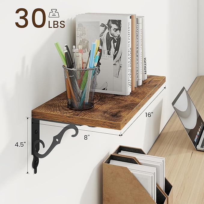 RICHFOCUS Floating Shelves for Wall Decor, 8 Inch Deep Floating Shelves Set of 2, 16W x 8D Shelves Wall Mounted with Metal Brackets, Wood Shelves for Living Room Bedroom Kitchen, Rustic Brown