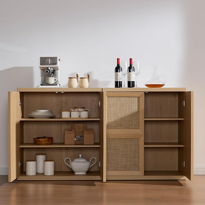 VividVibe Sideboard Buffet Cabinet with Storage, 62.9”Large Boho Credenza with 4 Doors, Coffee Bar Cabinet Farmhouse Modern for Entryway Living Room Natural Oak