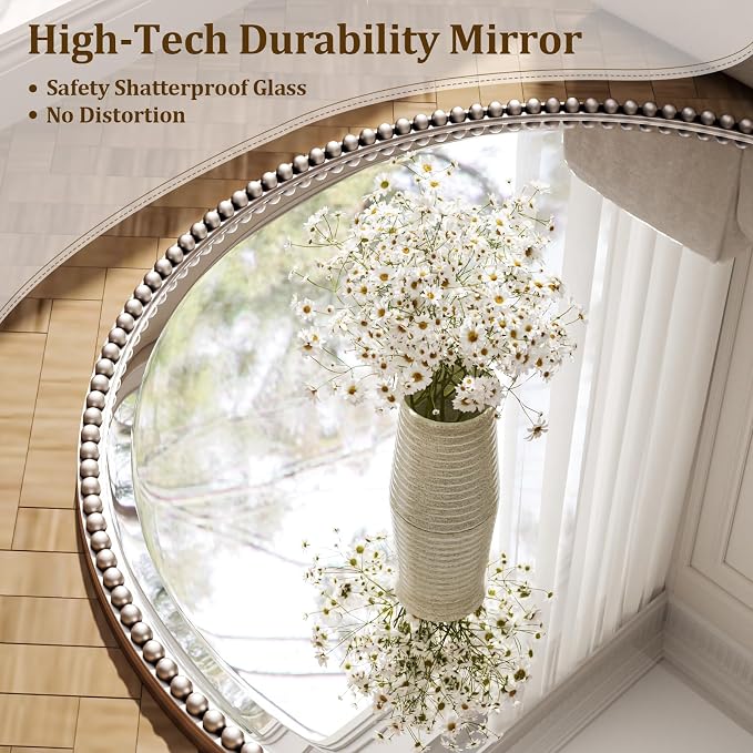 28 Inch Round Bathroom Mirror - Luxurious Retro Beaded Circle Decorative Wall Mirror with PU Frame Hanging Leaning as Art Decor for Entryway, Bedroom, Living Room, Hallway, Silver