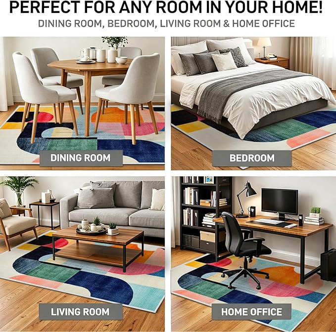 8x10 Colorful Area Rug Modern Abstract Orange Yellow Pink Blue White Beige Black Bedroom Rug Low Pile Thin Large Carpet Living Room Non Slip Dining Room Stain Resistant Office Washable Machine