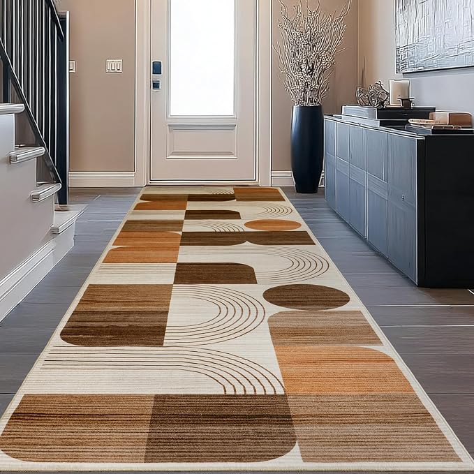 Machine Washable 2x6 Runner Rug, Soft Modern Geometric Abstract Orange Rugs for Bedroom Living Room, Non-Shedding Faux Wool Indoor Throw Floor Carpet for Office Entryway Dining Room Decor
