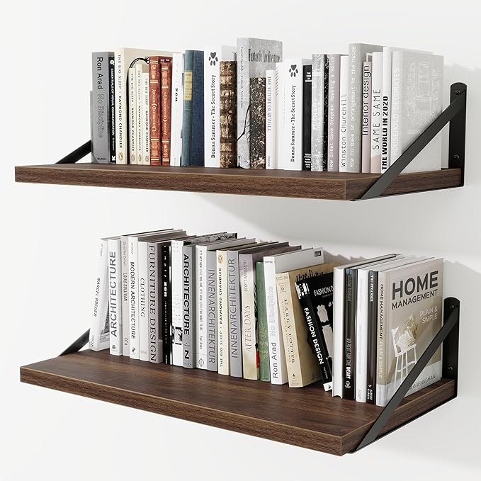 Deep Wall Shelves 24"W x 12"D Engineered Wood Floating Shelves for Wall, Sturdy Metal Bracket Bookshelves Home Decor Storage for Living Room Bedroom Bathroom Kitchen, Set of 2, Walnut Finish