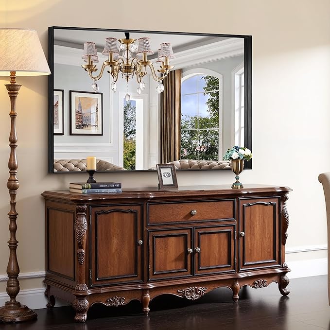 CIRCUMI Black Bathroom Mirror, 36"x55" Rectangular Mirror with Deep Metal Frame, Brushed Finish, Tempered Glass, Large Mirror for Wall, Over 2 Sinks, Installed Vertically/Horizontally, Crystal-Clear