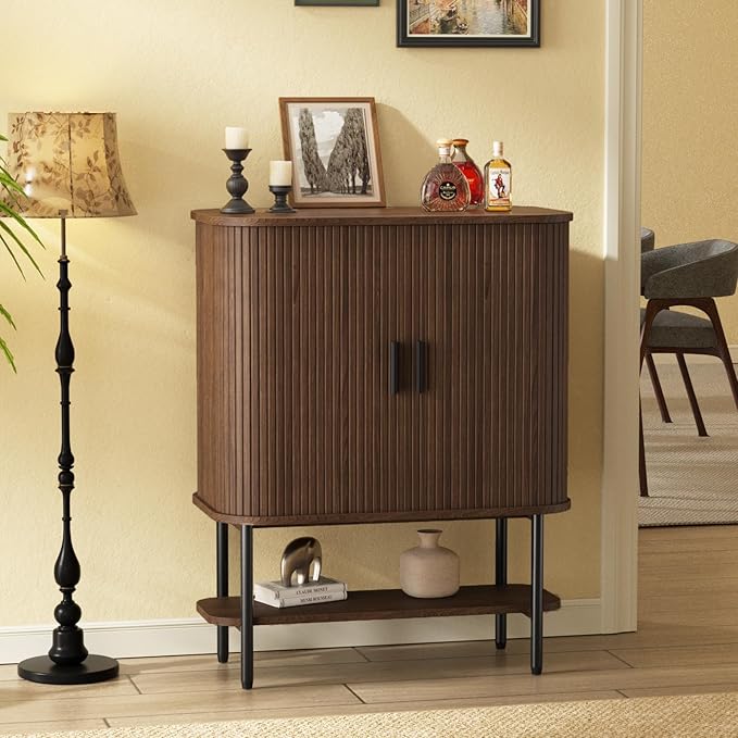 FiveWillowise Coffee Bar Cabinet with Storage, Fluted Wine Cabinet with Sliding Doors, Glass Holder and Wine Rack, Buffet Sideboard Liquor Cabinet for Kitchen, Dining Room, Living Room, Walnut