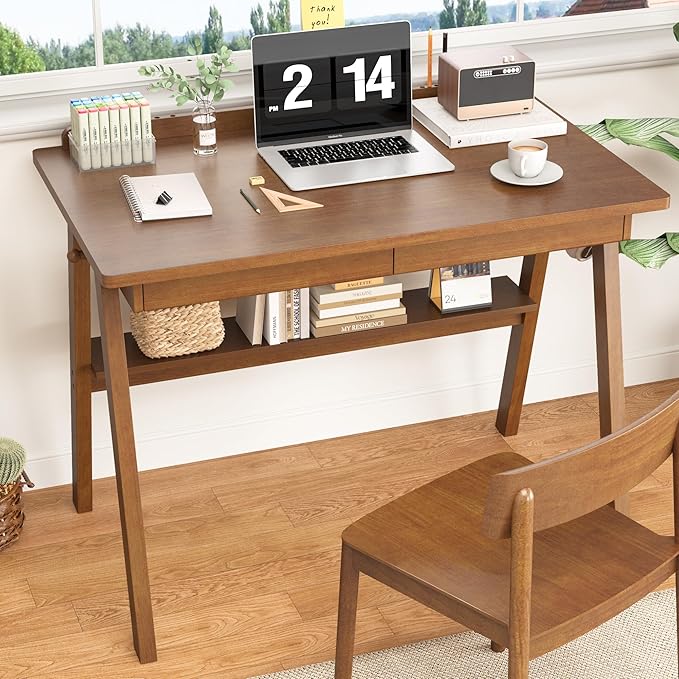 Solid Wooden Desk with Drawers & Shelf - 40 x 24 Inch Mid Century Modern Desks, Writing Desk with Drawers & Hooks, Vintage Work Study Table, Home Office Computer Desks for Any Spaces
