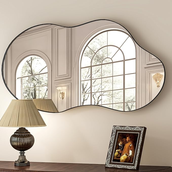 SHYFOY Asymmetrical Wall Mirror Decorative, 22"x43" Black Asymmetrical Mirrors with Metal Frame for Wall Decor, Wavy Wall Mirror for Living Room Abstract Mirror