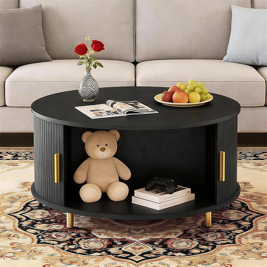 DHH Round Coffee Table, 31.5" Mid Century Modern Coffee Table with 360° Sliding Tambour Door, Fluted Accent Coffee Table with Storage Adjustable Footpads for Living Room, Black