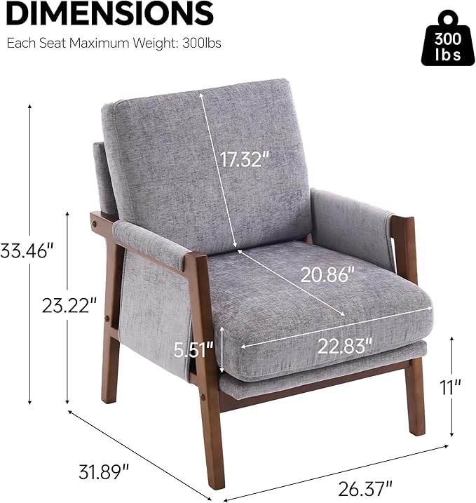 Mid Century Modern Accent Chairs Set of 2 with Solid Wood Frame, Upholstered Living Room Chairs with Wide Armrest, Chenille Fabric Lounge Reading Arm Chair for Bedroom, Reading Room, Gray