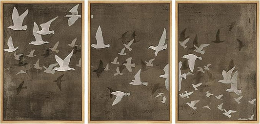 MUDECOR Framed Wall Art Print Set Flock of Abstract Birds in Flight Earthy Tones Illustrations Modern Art Boho Decorative Colorful Chic for Living Room, Bedroom, Office - 24"x36"x3 Natural