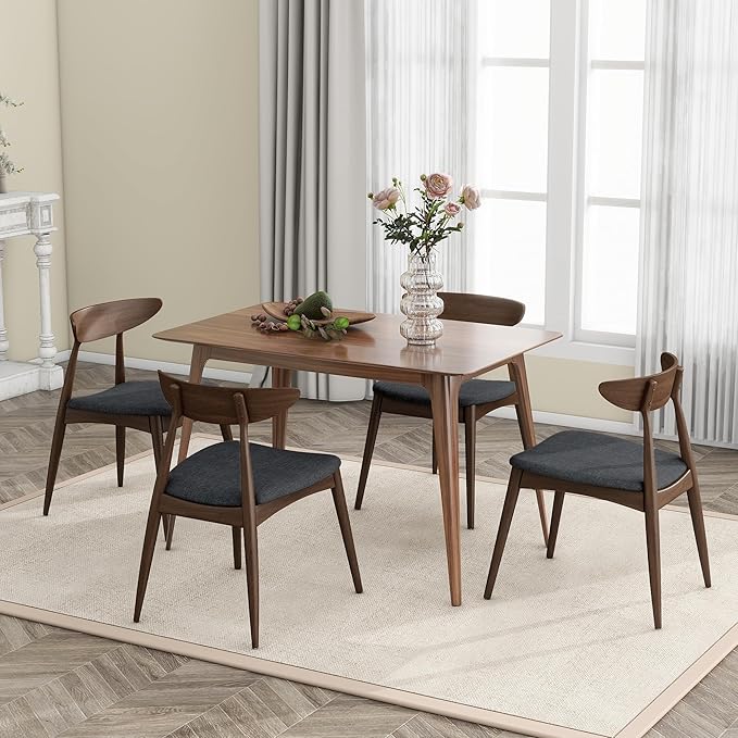 Mid-Century Modern Rectangular Dining Table with 4 Chairs, Solid Rubberwood Frame, Charcoal and Walnut Finish, Fabric Seats with Polyurethane Foam Filler, 4-Leg Base