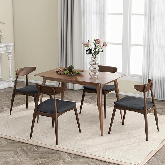 Mid-Century Modern Rectangular Dining Table with 4 Chairs, Solid Rubberwood Frame, Charcoal and Walnut Finish, Fabric Seats with Polyurethane Foam Filler, 4-Leg Base