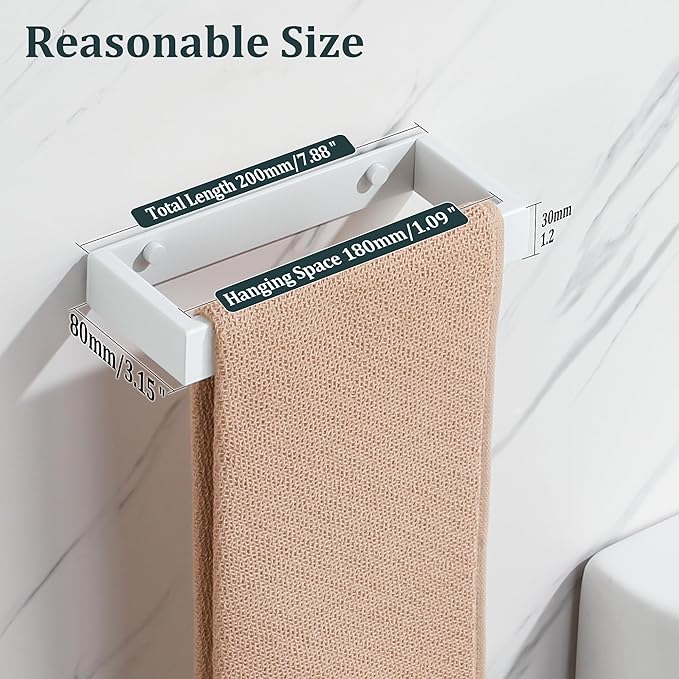 Sayayo White Towel Bar for Bathroom Wall, 8 Inch Hand Towel Holder, Screw or Self Adhesive Towel Ring Square SUS304 Stainless Steel, 3.2 Inch Wider Design