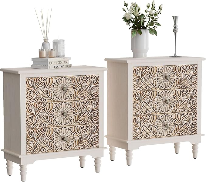 HOMPUS Nightstands Set of 2, White Nightstand with 3 Storage Drawers, Night Stand w Flower Pattern, Bedside Table Set of 2, Accent Table for Bedroom, Apartment, Light Grey Grain