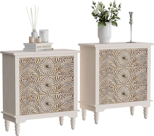 HOMPUS Nightstands Set of 2, White Nightstand with 3 Storage Drawers, Night Stand w Flower Pattern, Bedside Table Set of 2, Accent Table for Bedroom, Apartment, Light Grey Grain