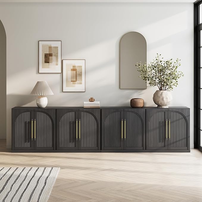 BELLEZE Set of 2 65" Sideboard Cabinet with Double-Arc Wood Doors, Large Buffet Cabinet with Storage and Adjustable Shelves, Classic Modern Console Table for Dining Room Living Room Entryway (Ebony)