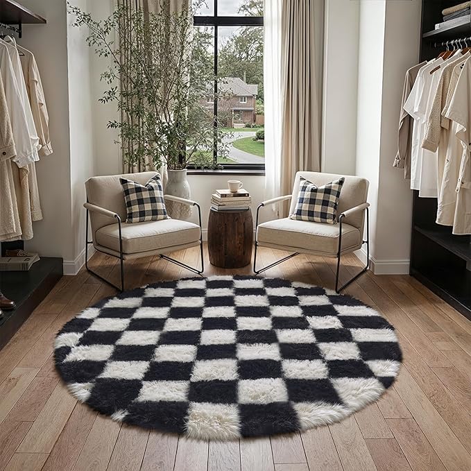 Checkered Rug 6x6 for Living Room, Black and White Modern Shag Super Soft Washable Fluffy Rugs Indoor Fuzzy Carpet for Bedroom Home Dorm Aesthetic Decor