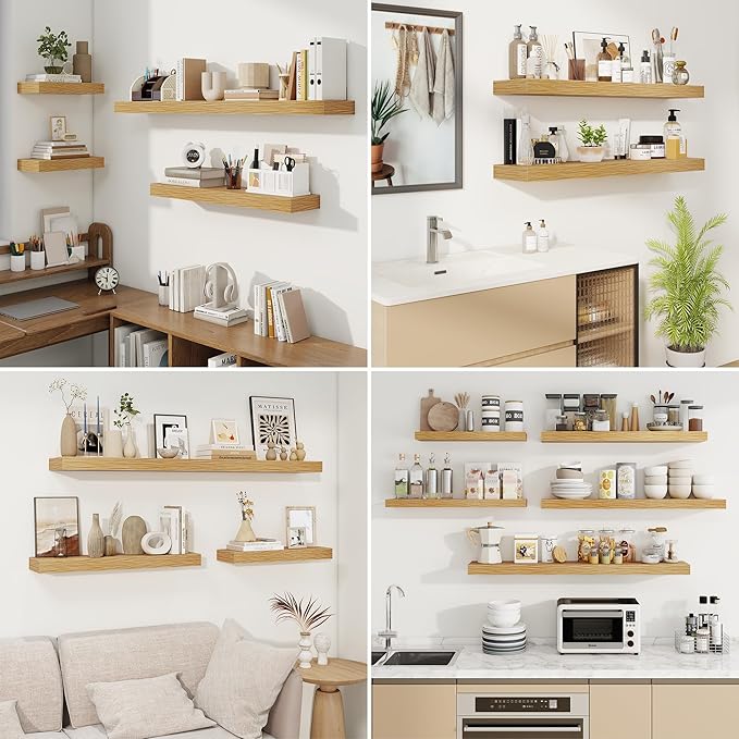 fuqing Floating Shelves for Wall, Wall Mounted Wood Floating Shelf with Invisible Brackets for Living Room, Bathroom, Bedroom, Kitchen Storage and Decor, 32 Inch Set of 2, Oak