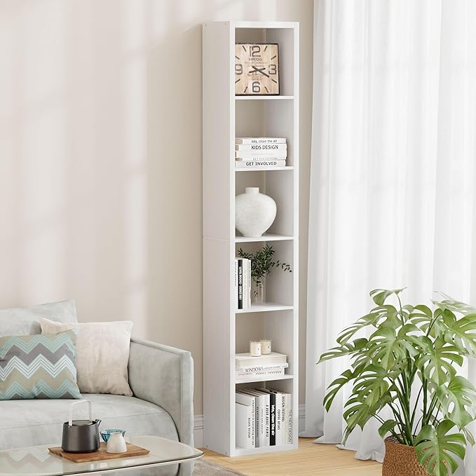 6 Cube Storage Organizer Single Row, Cube Shelf with Heavy-Duty Thick Boards, 13.31" L x 9.37" W x 72.36" H, Smooth Easy-Clean Panels, Simple Assembly, for Living Room Bedroom Office, White