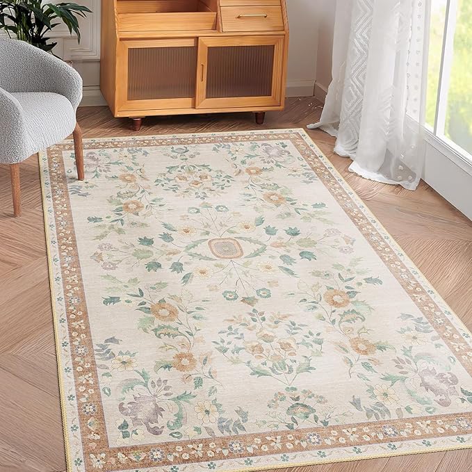 MUJOO 3x5 Rug Washable,Floral Area Rugs for Bedroom Bedside Entryway Living Room Kitchen,Floral Boho Small Indoor Floor Rug Non Slip Throw Carpet Low Pile Vintage Beige