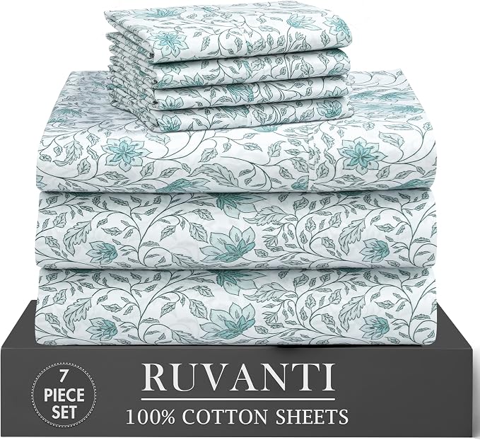 RUVANTI 100% Cotton Percale Sheets Split King Size 7 Piece Set, Cooling Bed Sheets for Hot Sleepers, Deep Pocket 16”, Breathable Lightweight & Durable, Crisp Hotel Style Sheets, Wildflower Nest