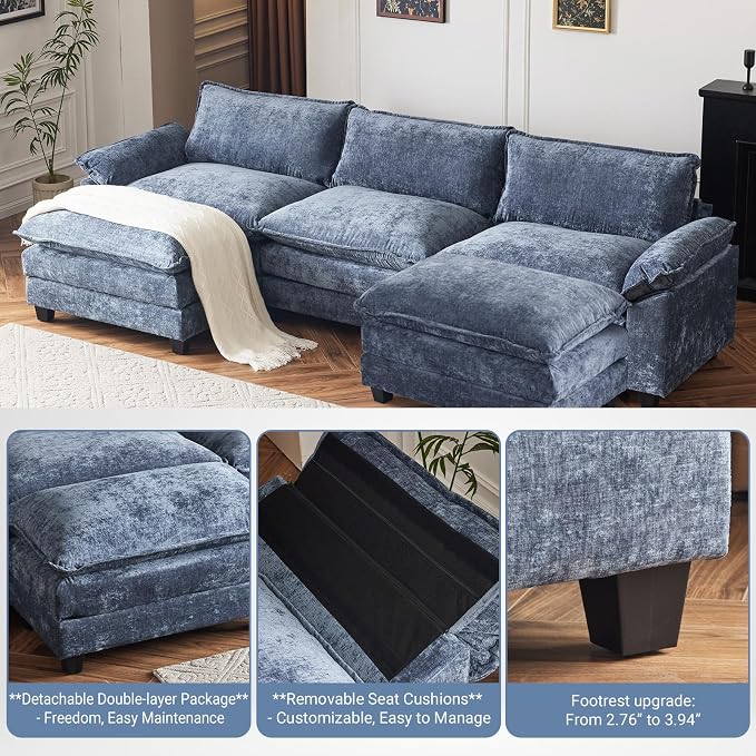 VINGLI 122" Cloud Navy Blue Convertible Sectional Sofa, Comfy U-Shape Extra Deep Seat Sofa Couch for Living Room,Modern Chenille 3-Seat Convertible Sofa with 2 Movable Ottomans for Small Space