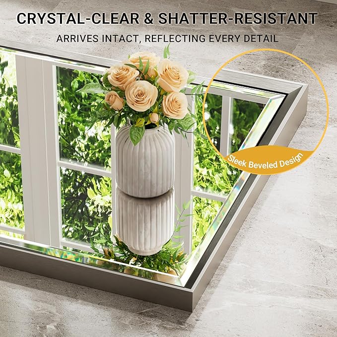 40 x 30 Brushed Nickel Bathroom Mirror, Beveled Framed Rectangle With Anti-Rust Frame, Shatterproof, Vertical/Horizontal Wall-Mounted