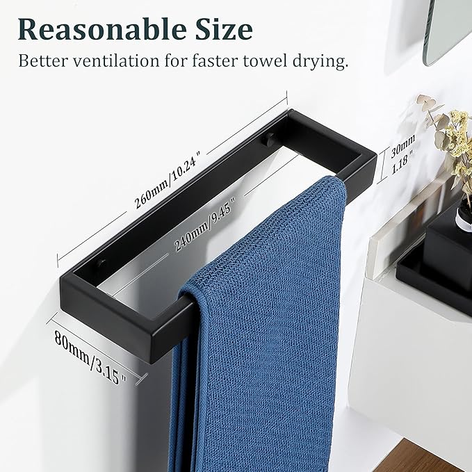 Sayayo Matte Black Towel Bar for Bathroom Wall, 10 Inch Hand Towel Holder, Screw or Self Adhesive Towel Ring Square SUS304 Stainless Steel, 3.2 Inch Wider Design