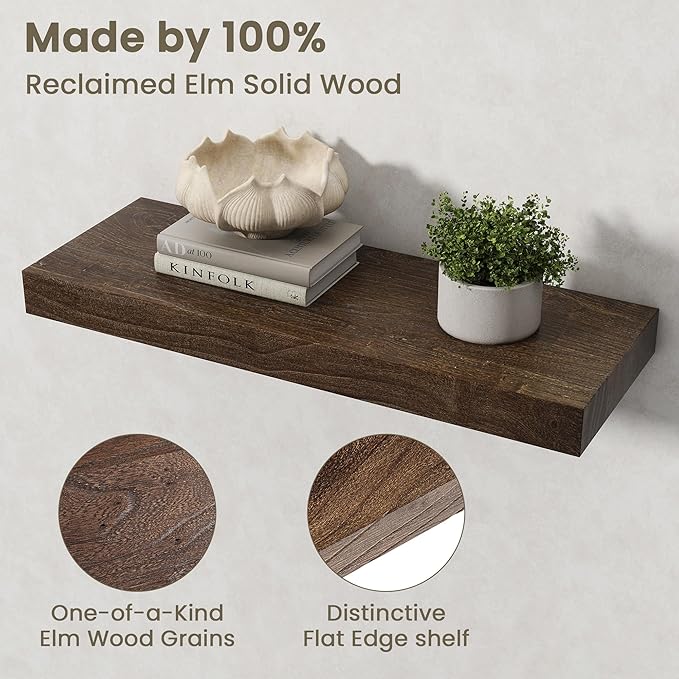 Fun Memories Solid Elm Wood Floating Shelves Set of 2-24 Inch Rustic Wall Shelves with Heavy-Duty Invisible Brackets - for Living Room, Kitchen, Bedroom, Bathroom - Walnut Finish
