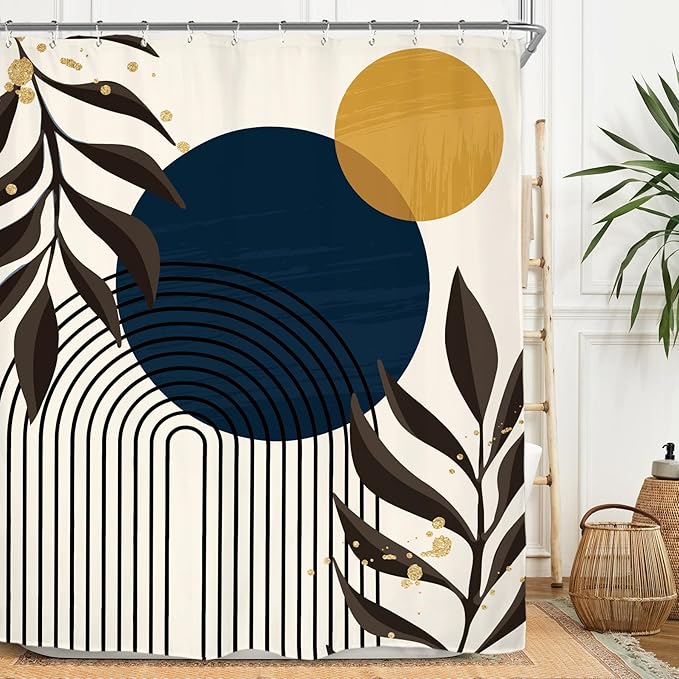 Miyotaa Abstract Minimalist Shower Curtain Set 60Wx71H Inches Aesthetic Modern Contemporary Plant Leaves Neutral Navy Blue Mustard Yellow Polyester Waterproof Bathroom Curtain with 12 Hooks