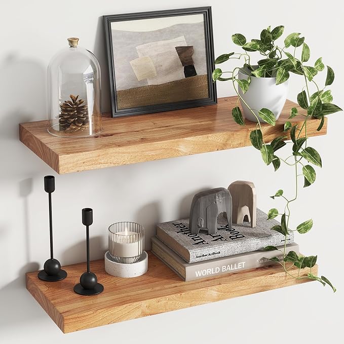 Reclaimed Elm Wood Floating Shelves for Wall, Flat Edge 24"W x 9.2"D x 1.4"H, Set of 2 with Invisible Bracket, Wall Mounted Shelves for Living Room Bedroom Kitchen Bathroom Decor, Natural Finish