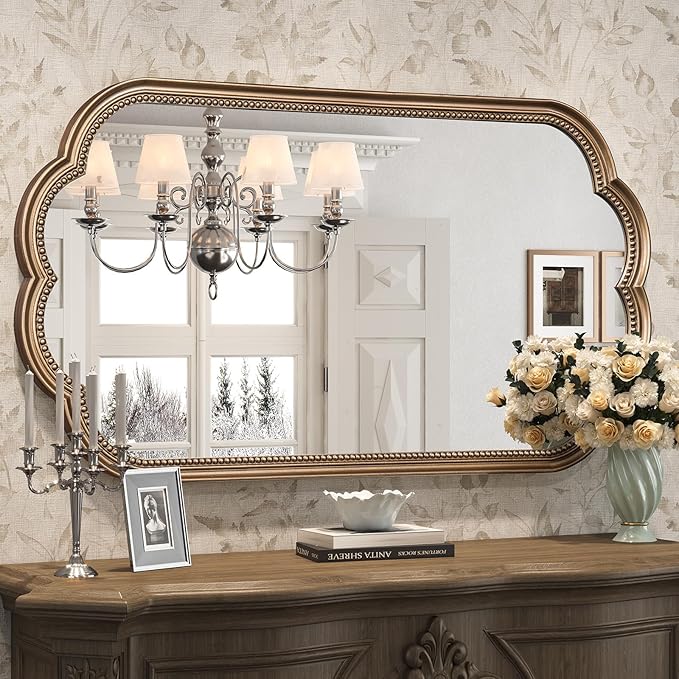 Scalloped Mirror for Bathroom, 23" x 42" Antique Wide Brass Mirror, Gold Scalloped Vintage Mirrors with Beaded Frame for Over Sink, Bathroom, Bedroom, Living Room, Fireplace, Entryway