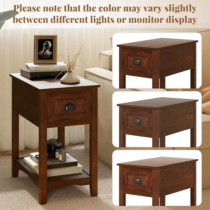 Giantex End Table with Drawer, Retro Narrow Side Table, Nightstand with Solid Wood & Stroage Shelf, Bedside Table for Living Room Bedroom Small Space Home Office (1, Walnut)