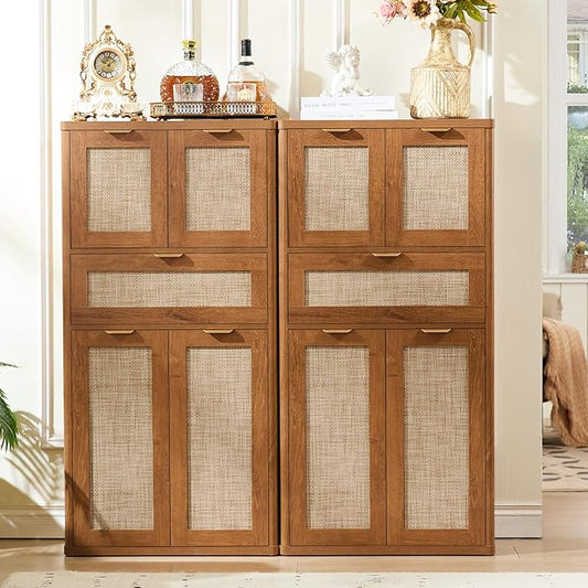 LEYAOYAO 48" Tall Storage Cabinet Set of 2,Rattan Bathroom Floor Cabinets with 4 Doors & 1Drawer,Boho Kitchen Pantry with Adjustable Shelves,Wooden Cupboard for Living Room,Home Office,Brown
