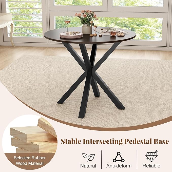 Moccha 36" Round Dining Table for 4 - Rubber Wood Kitchen Table with Intersecting Trestle Legs, Vintage Bar Table, Farmhouse Dining Room Tables for Dinette, Small Space, Restaurant, Bistro (Brown)