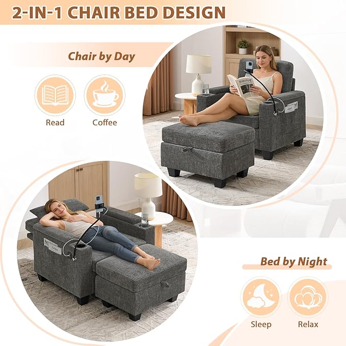 Oversized Chaise Lounge Chair Indoor, Single Convertible Recliner Reading Arm Sofa Chair W/Adjustable Backrest & Charging Port Couch Bed for Living Room, Home Theater & Bedroom, Grey