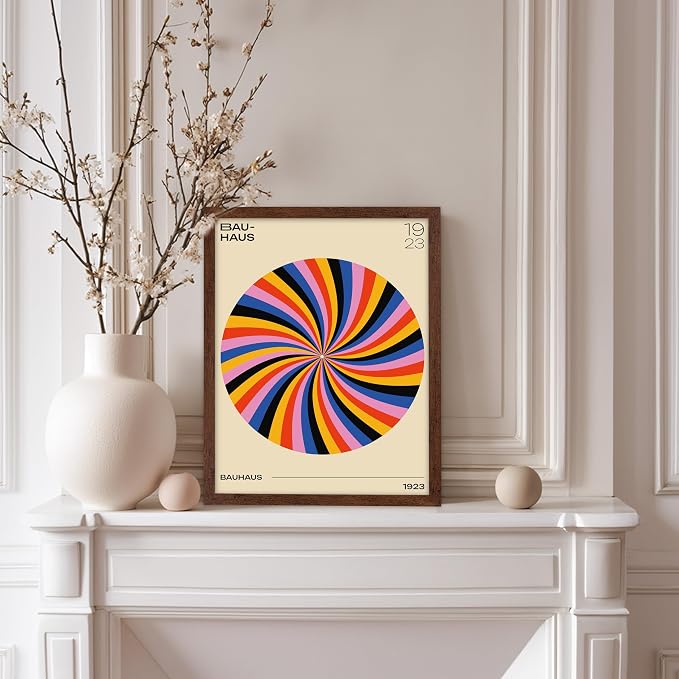 Poster Master Bauhaus Poster - Spiral Colors Print - Geometric ART - Abstract ART - Psychedelic Style - Chic Boho - Mid Century Modern - Living Room or Bedroom Decor - 8x10 Brown Framed