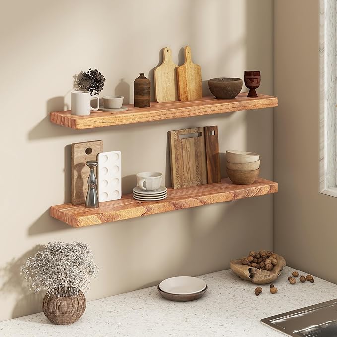 Fun Memories 40 Inch Floating Shelves, Rustic Solid Wood Wall Shelves Set of 2, 8 Inch Deep Floating Shelf for Bathroom, Bedroom, Heavy-Duty Wooden Shelf Wall-Mounted for Home Decor & Storage