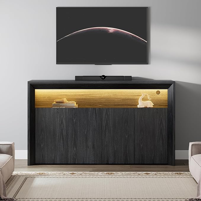 66.2" Buffet Cabinet with Storage and led Lights,Modern Sideboard Cabinet with 4 Doors & Shelves,Fluted Media Console Mid Century Coffee Bar Table for Living Room Kitchen Dining Room Hallway,Dark Grey