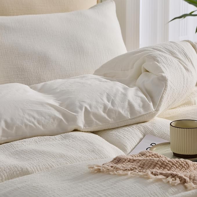 Simple&Opulence Linen Muslin Duvet Cover Set California King, 3Pcs White Linen Cotton 3-Layer Gauze Minimalist Comforter Cover 104”x98”, Ultra Soft Breathable Seersucker Bedding Set with 2 Pillowcases