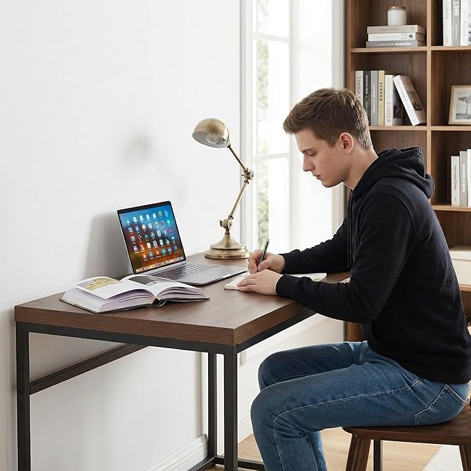 CENSI 47" Walnut Writing Computer Laptop PC Desk, Dark Wood | Extra Thick 1.6" Tabletop, Heavy-duty Metal Frame