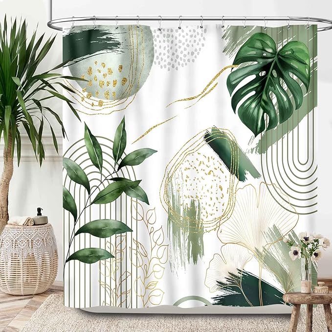 Green Boho Shower Curtain,Modern Tropical Abstract Gold Palm Leaves Plant Bathroom Decor Curtains Minimalist Fabric Bath Curtain with Hooks,72x84Inch
