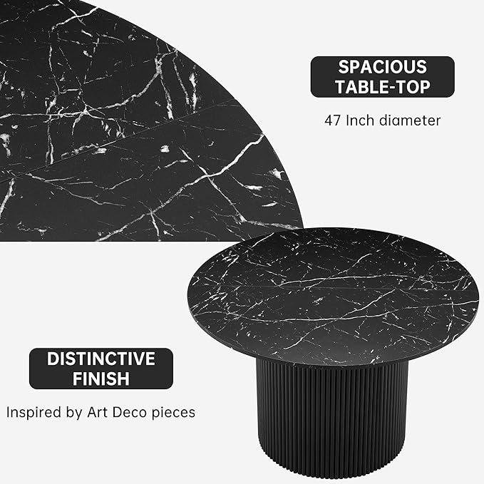 NORDICANA 5-Piece Round Dining Table Set for 4, Modern 47-Inch Kitchen Table and Chair Set, Dining Set with Dark Green Upholstered Armchairs, Manufactured Wood Top with Black Marble Effect Finish