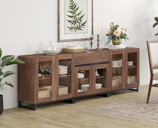 WAMPAT 3 in 1 Modern Sideboard with Adjustable Shelves and Drawer,Storage Cabinet with Glass Doors, Coffee Bar Cabinet for Living Room, Kitchen, Brown